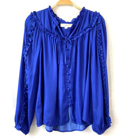 Ann Taylor LOFT Boho Blouse Top Women M Lot of 2 Royal Blue Blush Ruffle Pleated - Picture 3 of 11